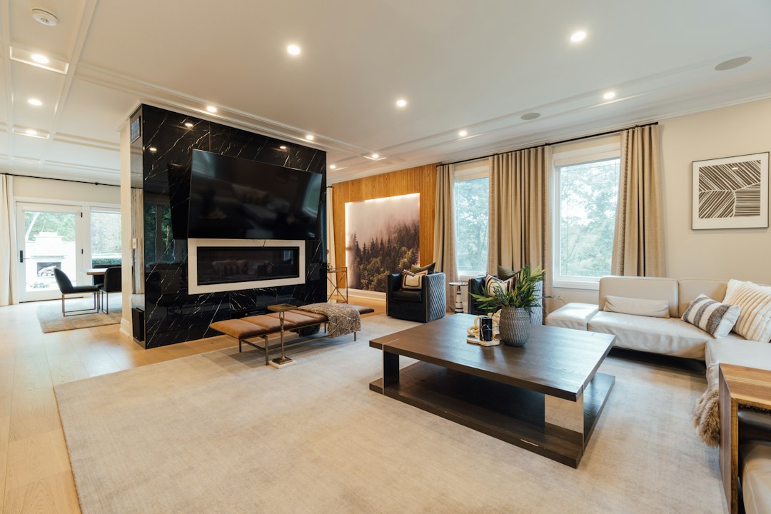 Elegant modern apartment interior with window curtains
