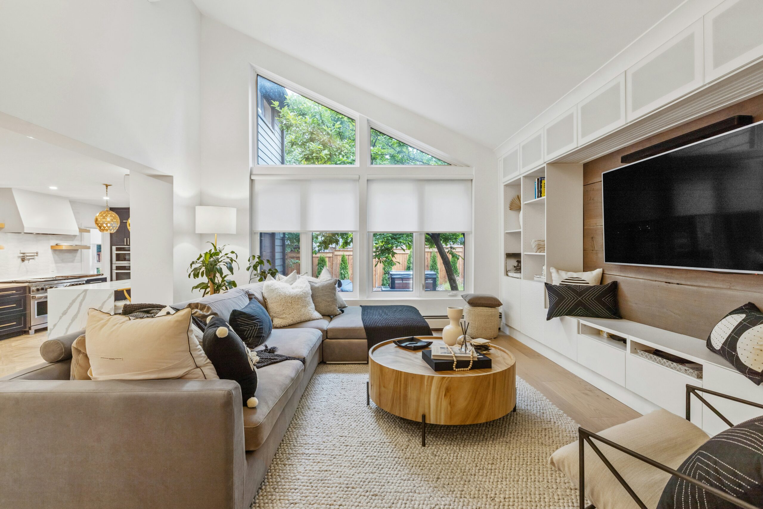 Elegant modern living room with Roman curtains
