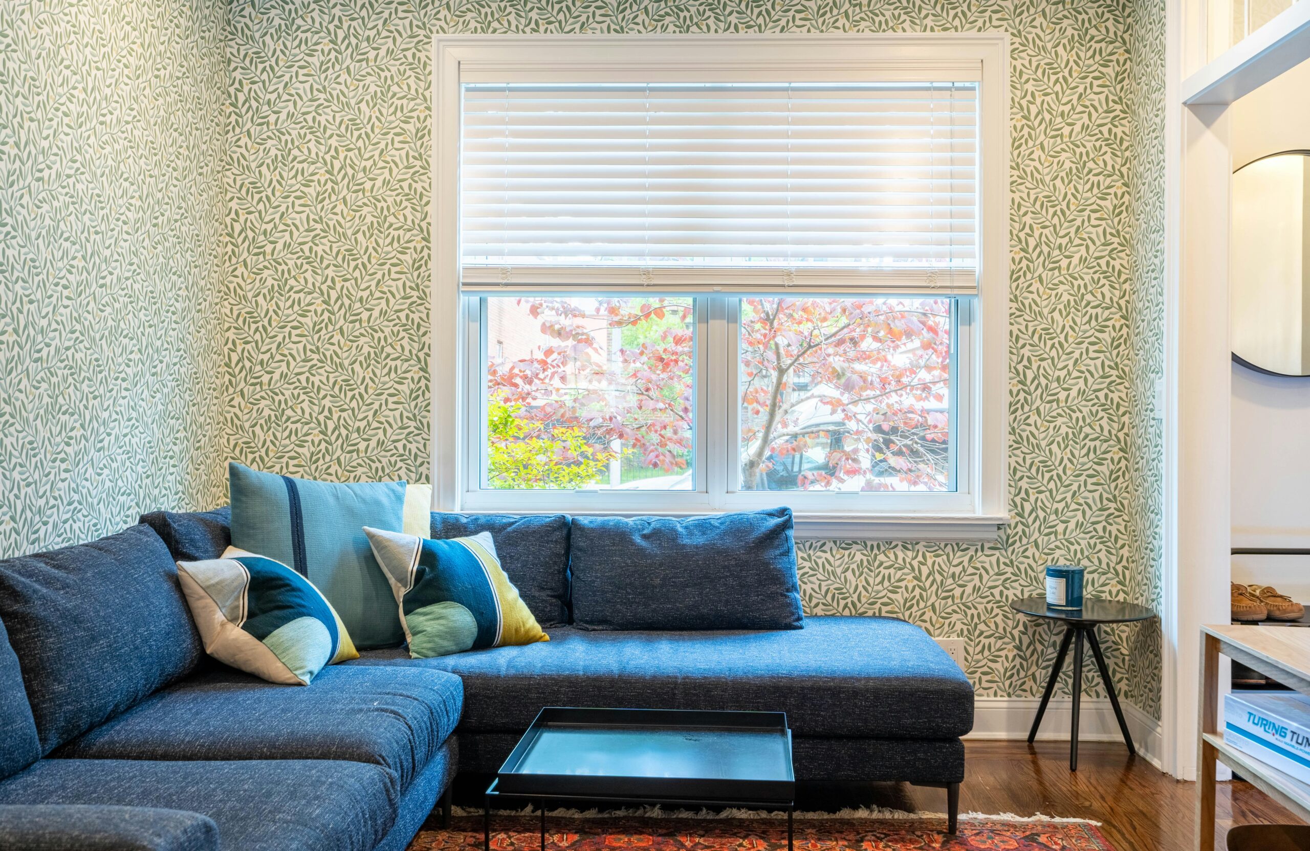 Roman curtains angled to balance daylight and privacy