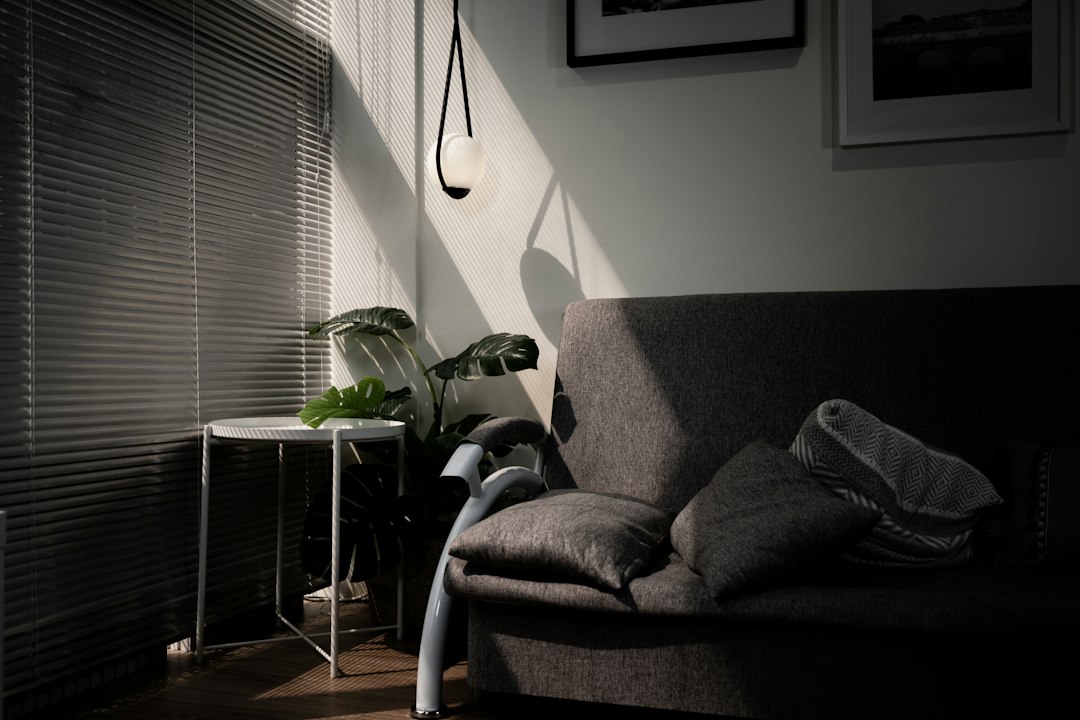 Elegant modern living room with Venetian blinds